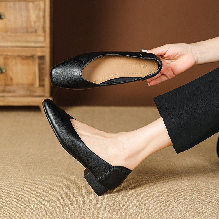 Zapatos de piel con tacón grueso y punta cuadrada para mujer 2025