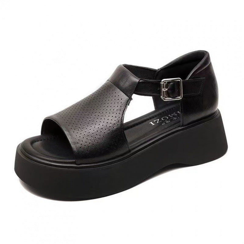 Sandalias de cuero genuino casual de suela gruesa para mujer