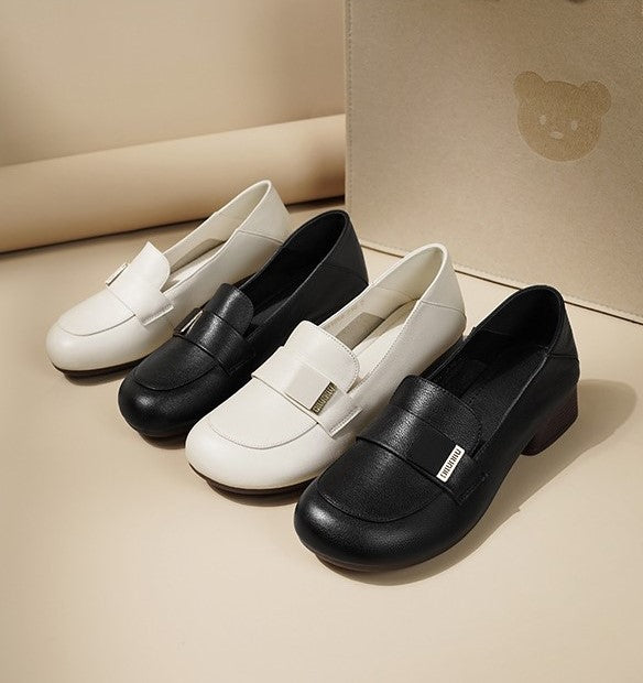 Zapatos de piel para mujer de tacón grueso y bajo, elegantes y de moda.