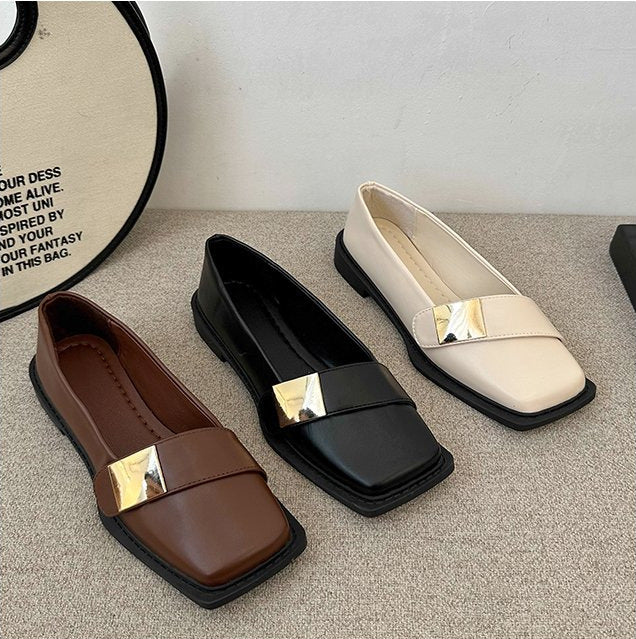 Zapatos de cuero vintage de punta cuadrada estilo francés