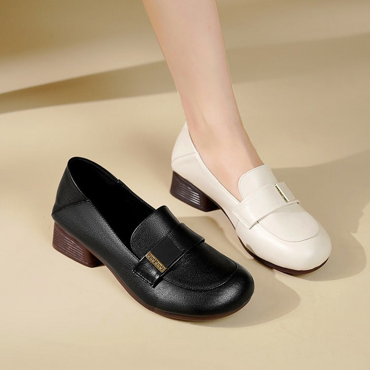Zapatos de piel para mujer de tacón grueso y bajo, elegantes y de moda.