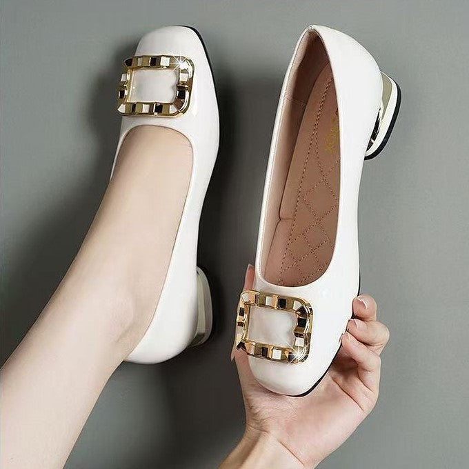 Zapatos de piel para mujer con tacón bajo y punta cuadrada de diamante