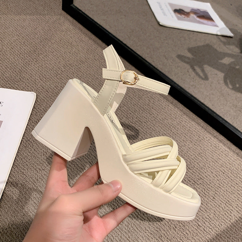 Sandalias de tacón alto para mujer, zapatos de tacón grueso estilo francés casual y cómodo