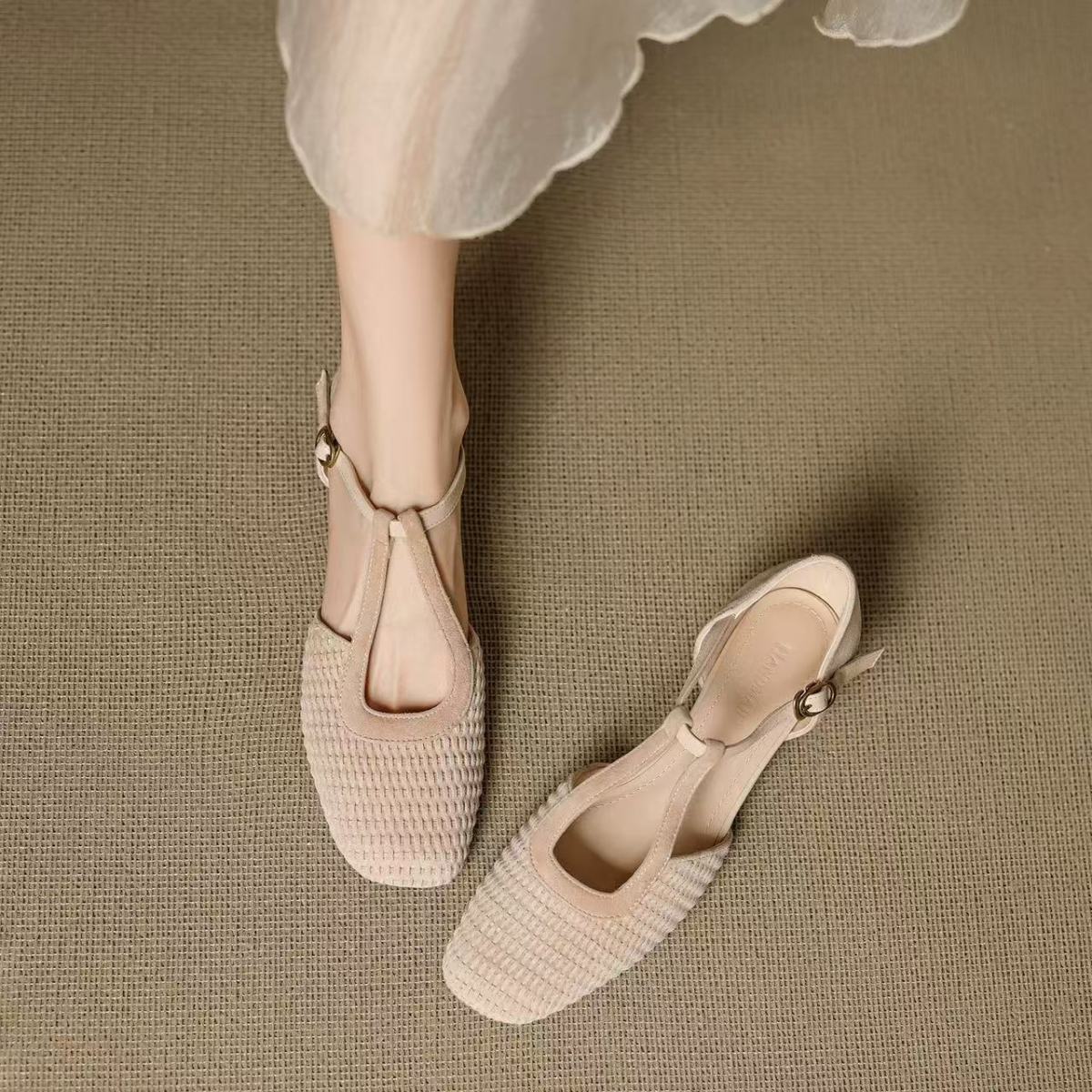 Sandalias vintage con punta cerrada, zapatos romanos de tacón grueso