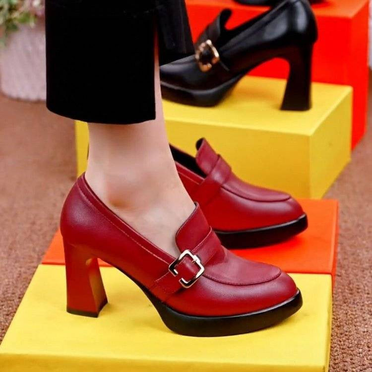 2025 nuevos zapatos de piel con tacón grueso y puntiagudo