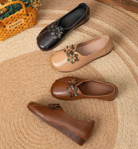 Zapatos de cuero suave y suela blanda para mujer, calzado de cuero estilo étnico vintage