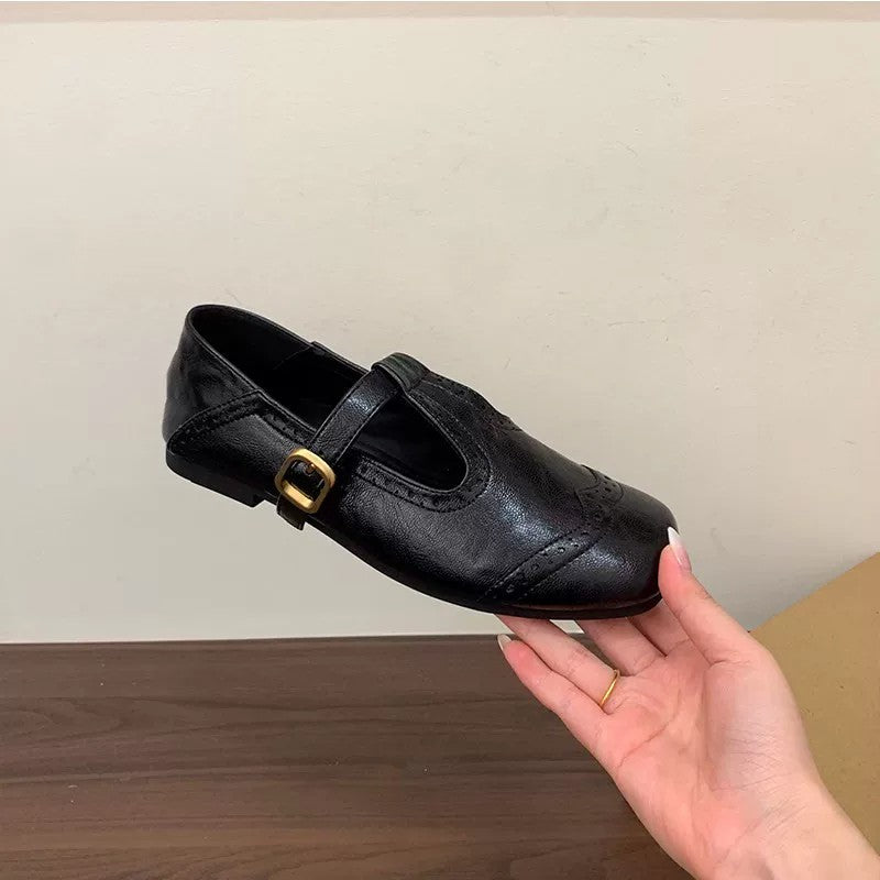 Zapatos planos de punta cuadrada estilo vintage francés, calzado de cuero suave y cómodo