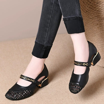 100% piel auténtica, zapatos calados estilo francés para mujer