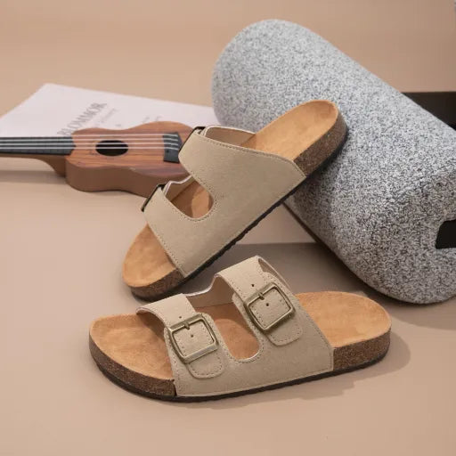 Sandalias de cuero, plantilla cómoda, chanclas de suela gruesa