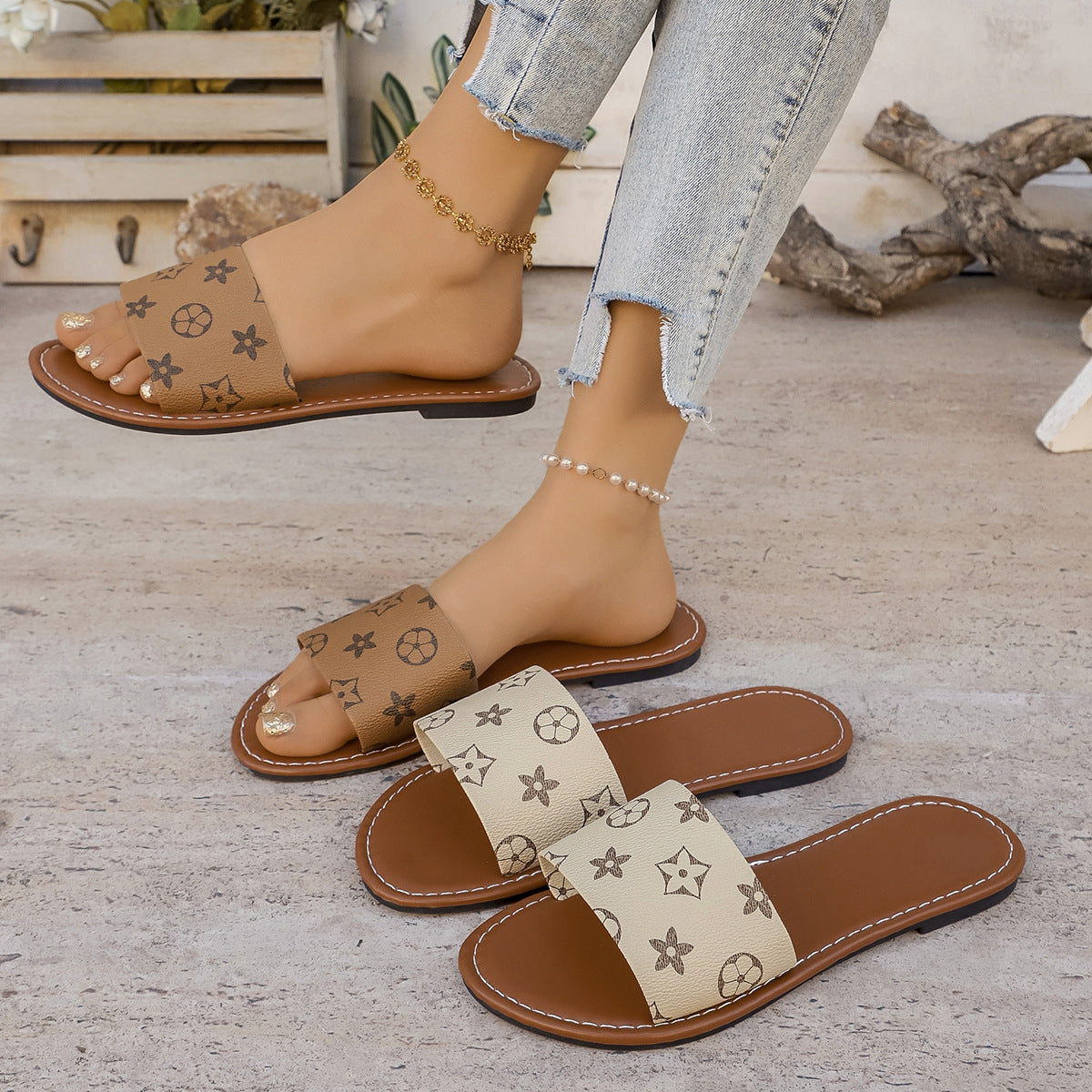 Sandalias planas para mujer, zapatos slip-on cómodos, chanclas de cuero PU