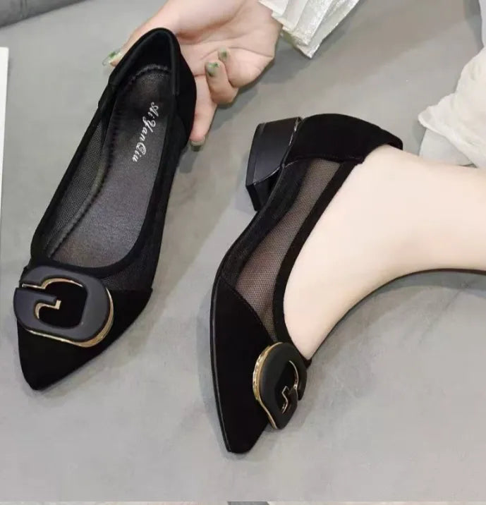 Zapatos de tacón bajo con punta en pico para mujer, calzado de tacón grueso transpirable de malla cómodo