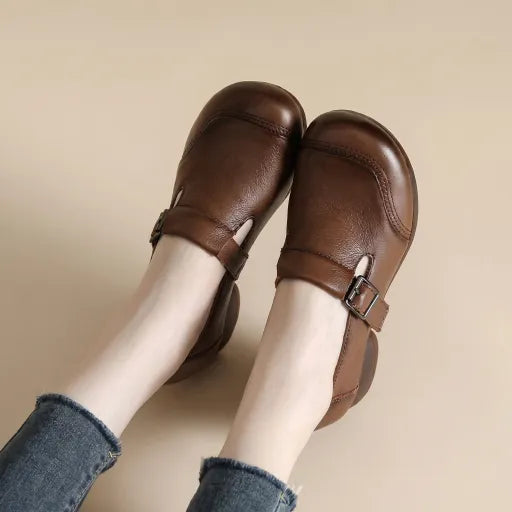 100% piel auténtica, zapatos planos vintage de cuero suave, resistentes al desgaste y antideslizantes