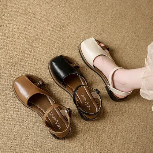 Sandalias de cuero con punta cerrada para mujer, suela blanda cómoda, de moda y versátiles