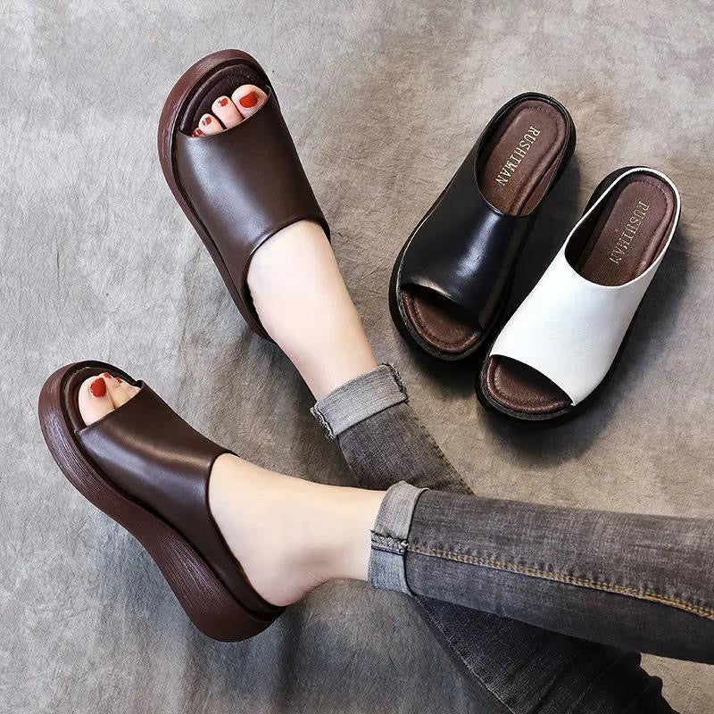 Sandalias de cuña retro de piel suave