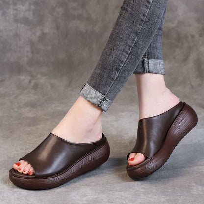 Sandalias de cuña retro de piel suave