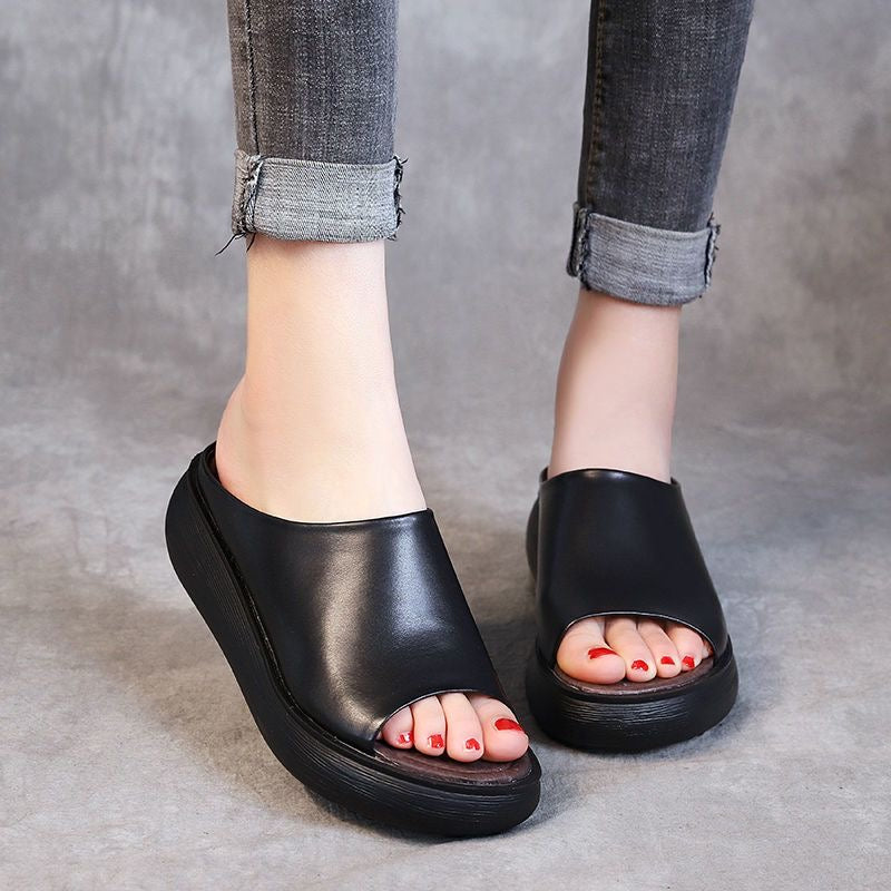 Sandalias de cuña retro de piel suave