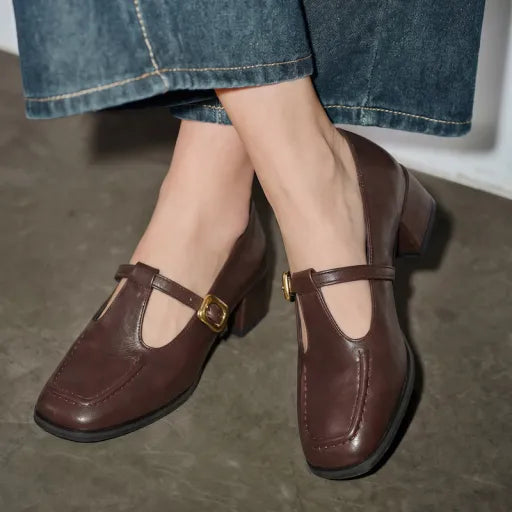 Zapatos de tacón alto de cuero de tacón grueso para mujer