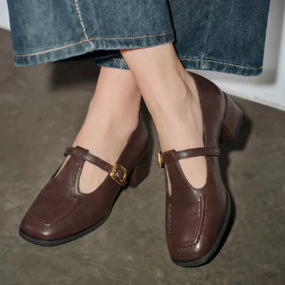 Zapatos de tacón alto de cuero de tacón grueso para mujer