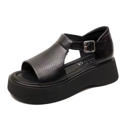 Sandalias de cuero genuino casual de suela gruesa para mujer