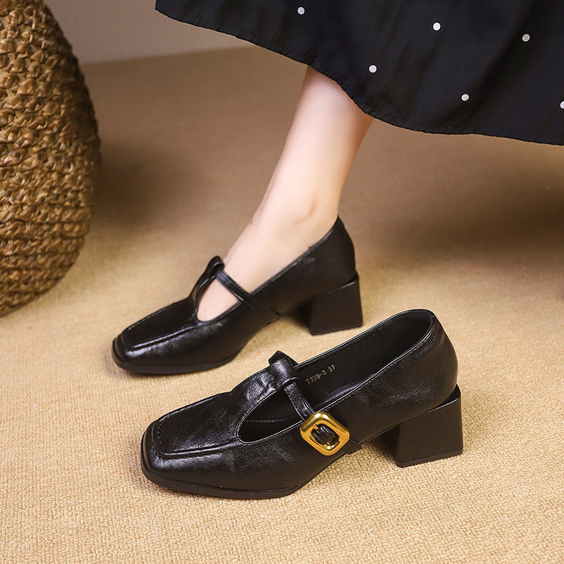 Zapatos de tacón alto de cuero de tacón grueso para mujer