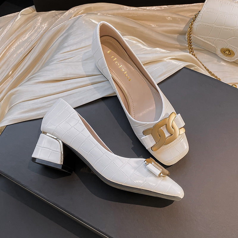 Zapatos de piel auténtica con tacón ancho para mujer