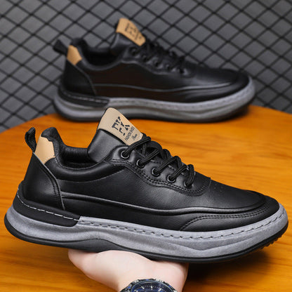 Zapatos de cuero para hombre, con suela blanda, cordones y puntera redondeada