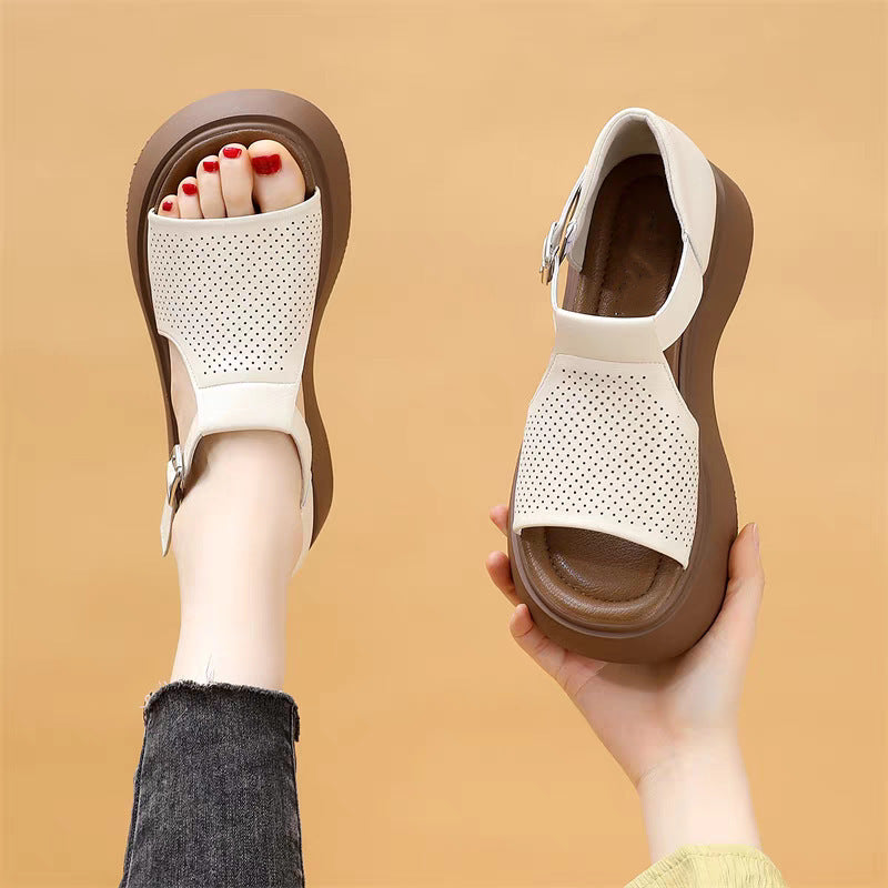 Sandalias de cuero genuino casual de suela gruesa para mujer