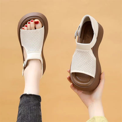 Sandalias de cuero genuino casual de suela gruesa para mujer