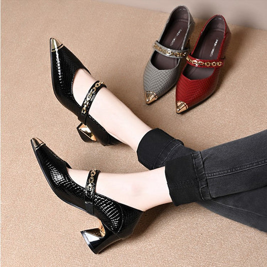 Zapatos de piel de estilo francés con punta afilada y detalles metálicos.