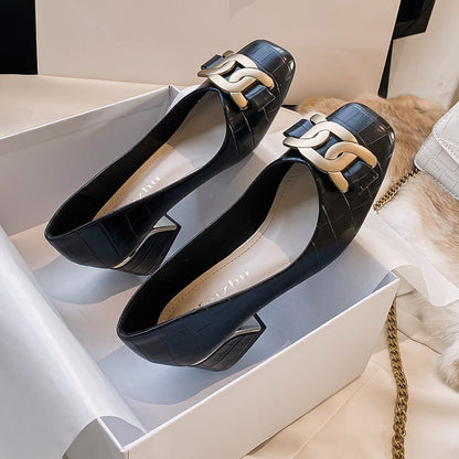Zapatos de piel auténtica con tacón ancho para mujer