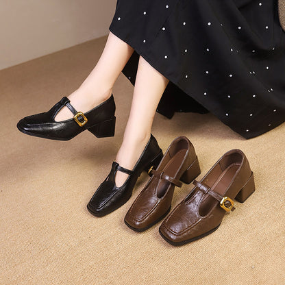 Zapatos de tacón alto de cuero de tacón grueso para mujer
