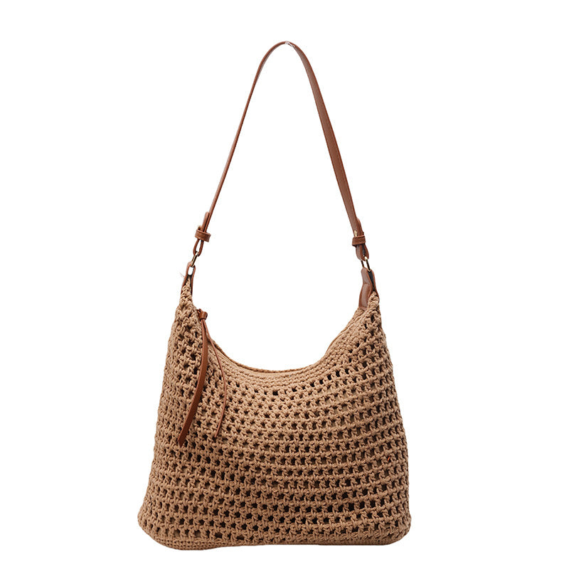 Bolso de hombro de tejido casual de gran capacidad, tote calado