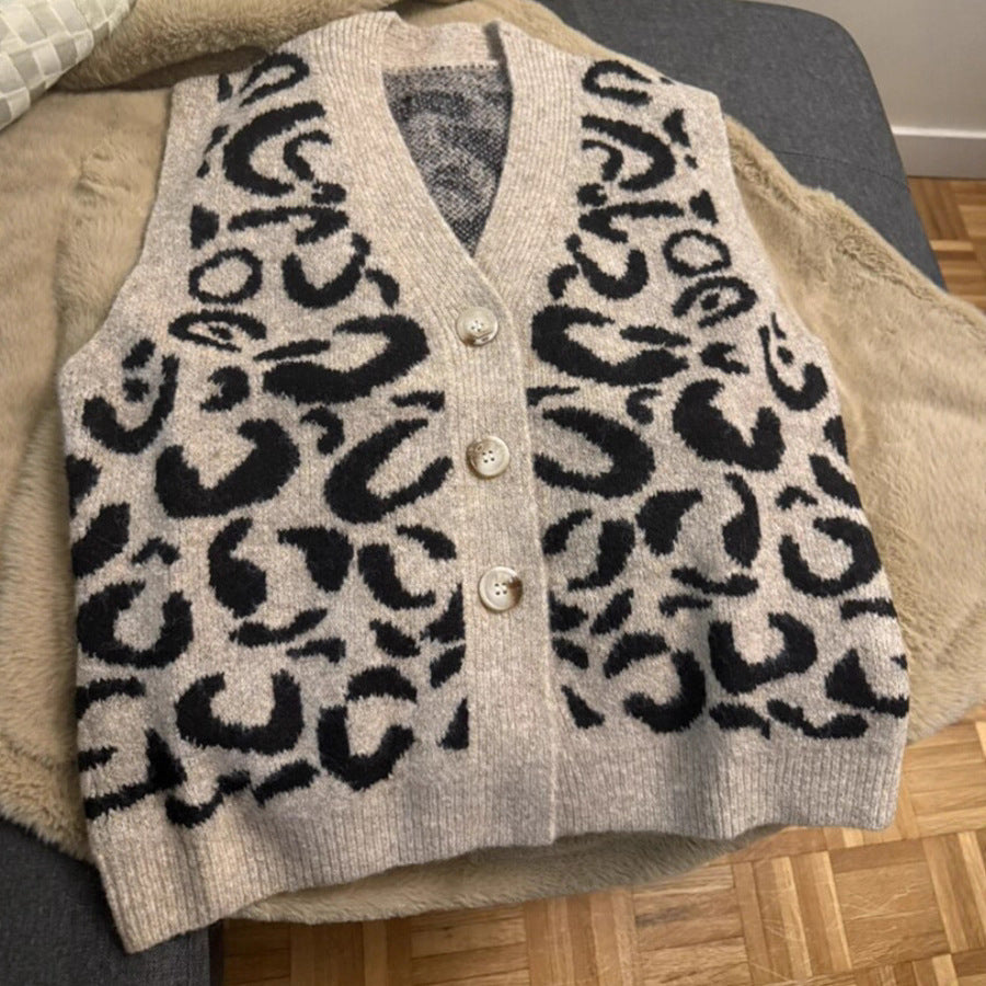 Chaleco de punto con botones y estampado de leopardo, estilo vintage