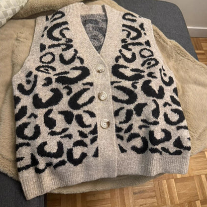 Chaleco de punto con botones y estampado de leopardo, estilo vintage