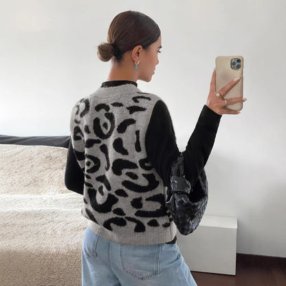 Chaleco de punto con botones y estampado de leopardo, estilo vintage
