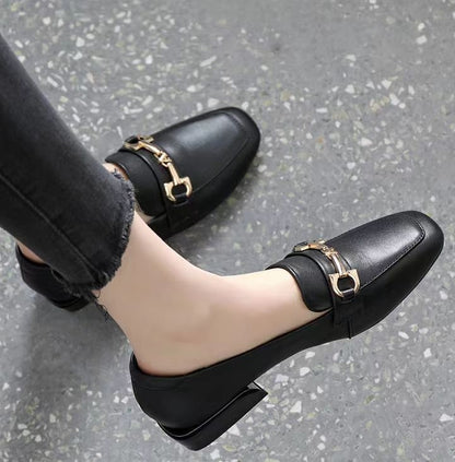 Zapatos de piel exquisitos para mujer con tacón bajo y punta cuadrada