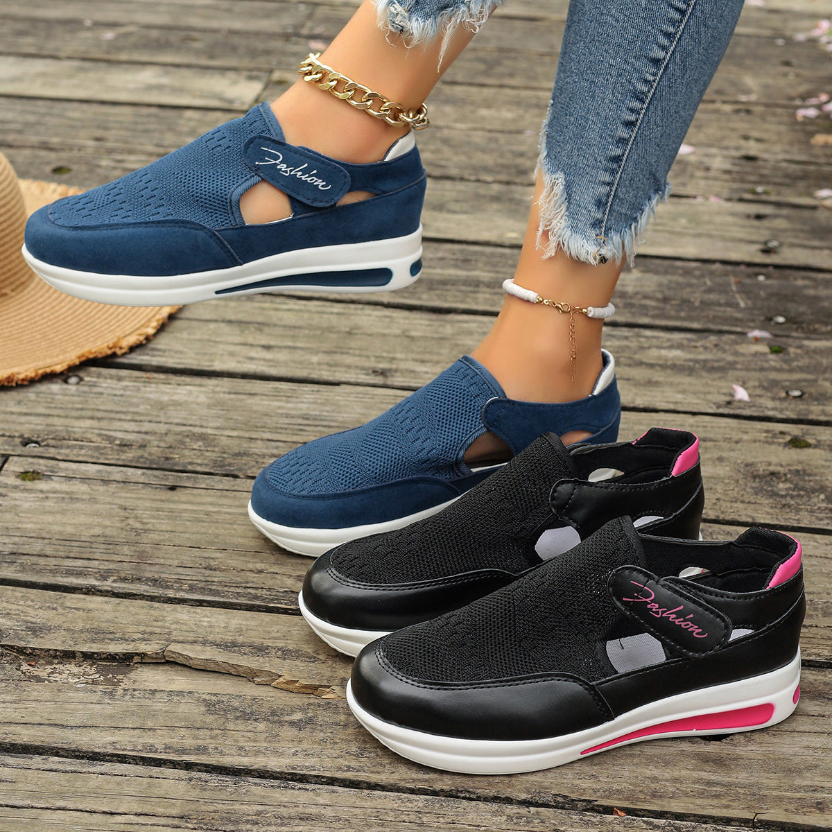 Zapatos de malla con velcro hueco y suela gruesa