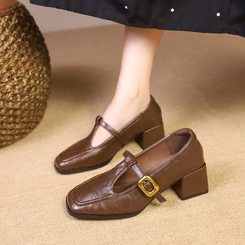 Zapatos de tacón alto de cuero de tacón grueso para mujer
