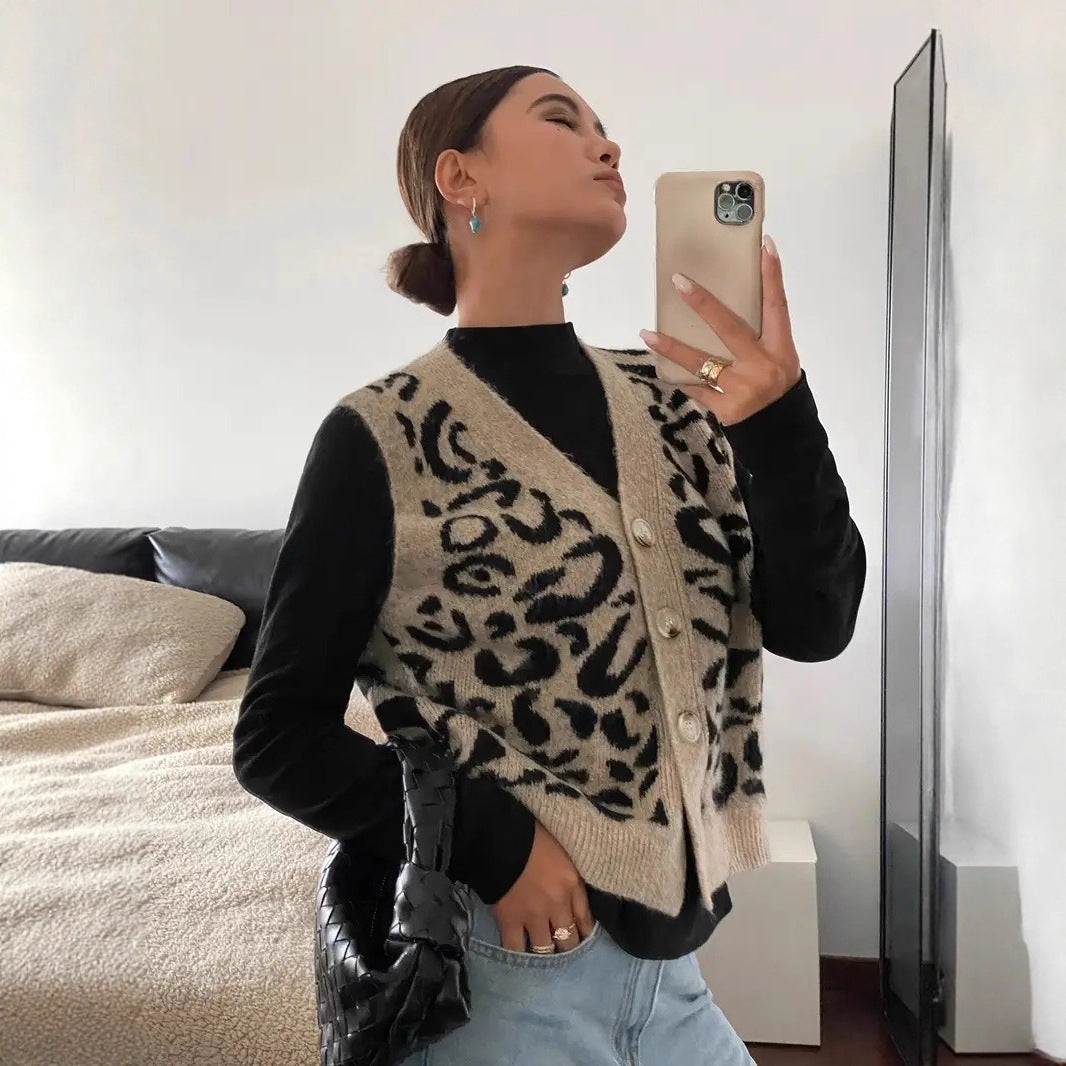 Chaleco de punto con botones y estampado de leopardo, estilo vintage