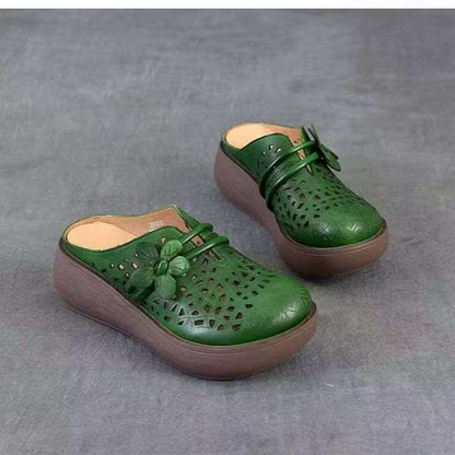 Pantuflas de plataforma con estampado floral retro de piel suave