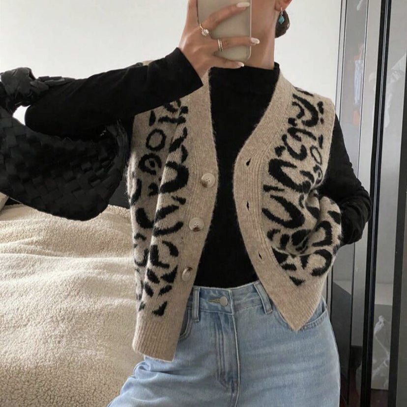Chaleco de punto con botones y estampado de leopardo, estilo vintage