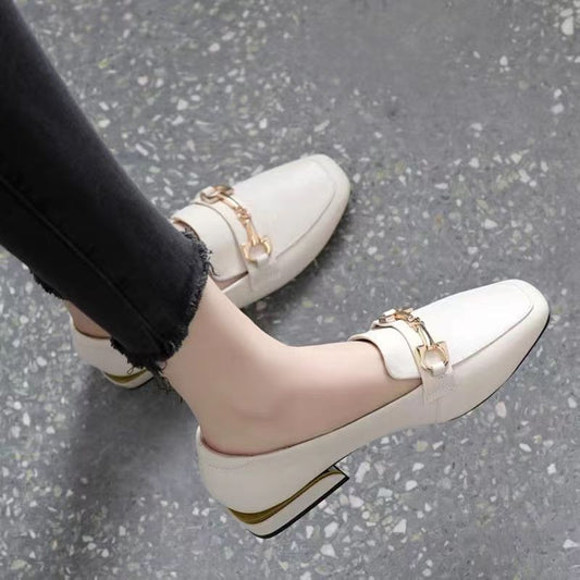 Zapatos de piel exquisitos para mujer con tacón bajo y punta cuadrada