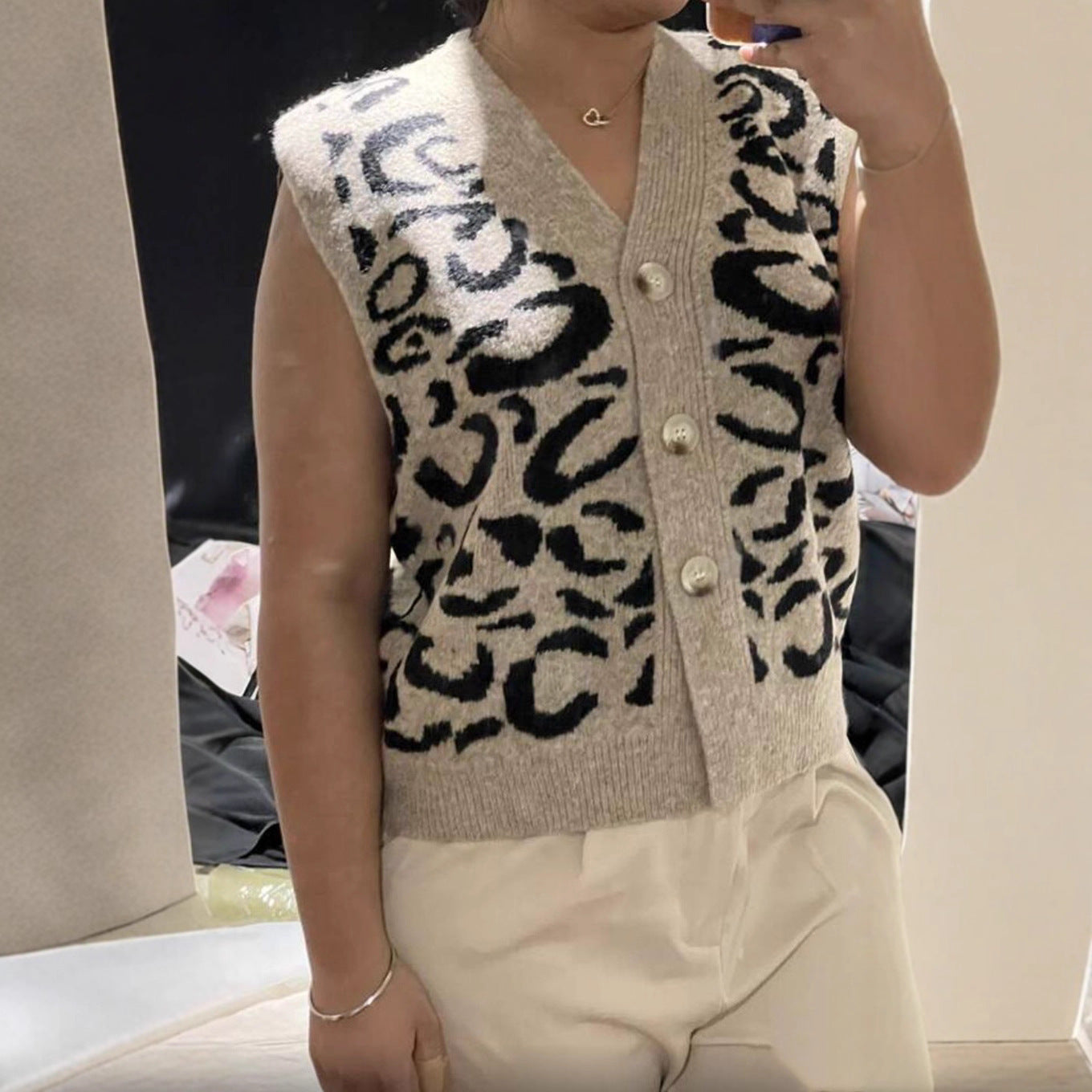 Chaleco de punto con botones y estampado de leopardo, estilo vintage