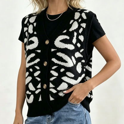 Chaleco de punto con botones y estampado de leopardo, estilo vintage