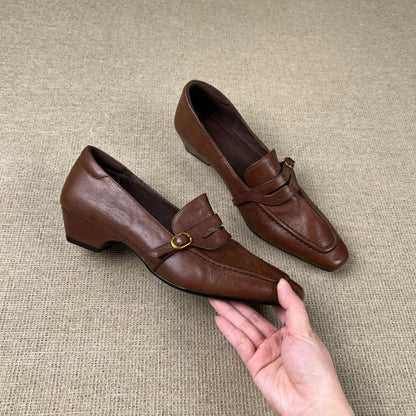 Mocasines retro de mujer con punta cuadrada y tacón en bloque