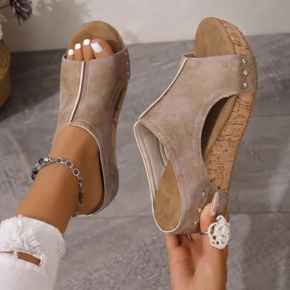 Sandalias de Cuero con Tacón de Corcho para Mujer, Chanclas Casuales Retro