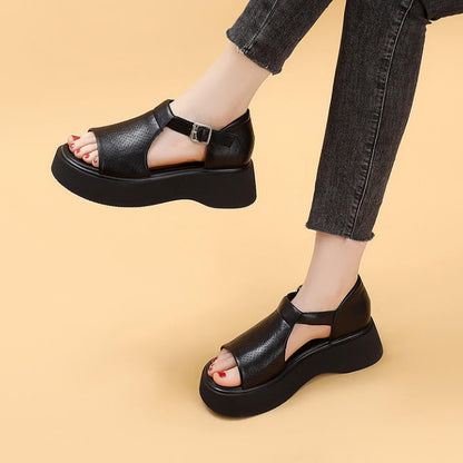 Sandalias de cuero genuino casual de suela gruesa para mujer