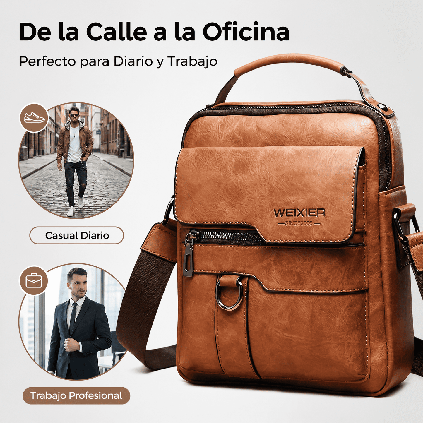 Bolso bandolera de cuero PU unisex, estilo urbano vintage, bolso de gran capacidad para el día a día