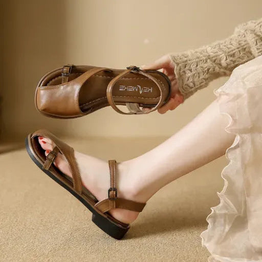 Sandalias de cuero con punta cerrada para mujer, suela blanda cómoda, de moda y versátiles