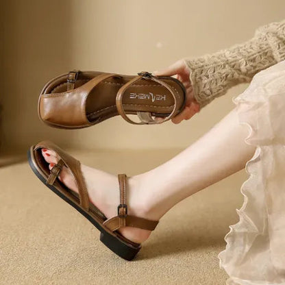 Sandalias de cuero con punta cerrada para mujer, suela blanda cómoda, de moda y versátiles